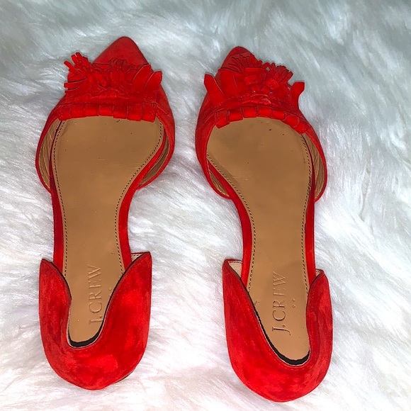 PUBLIC STORAGE TOOK J. CREW bright Red leather pointed Flats Sz 8 fringe suede - Picture 3 of 16